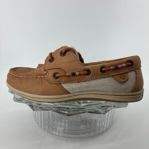 Sperry Women's Tan Leather Canvas Boat Shoes 7M‎ STS80728 Rainbow Detail